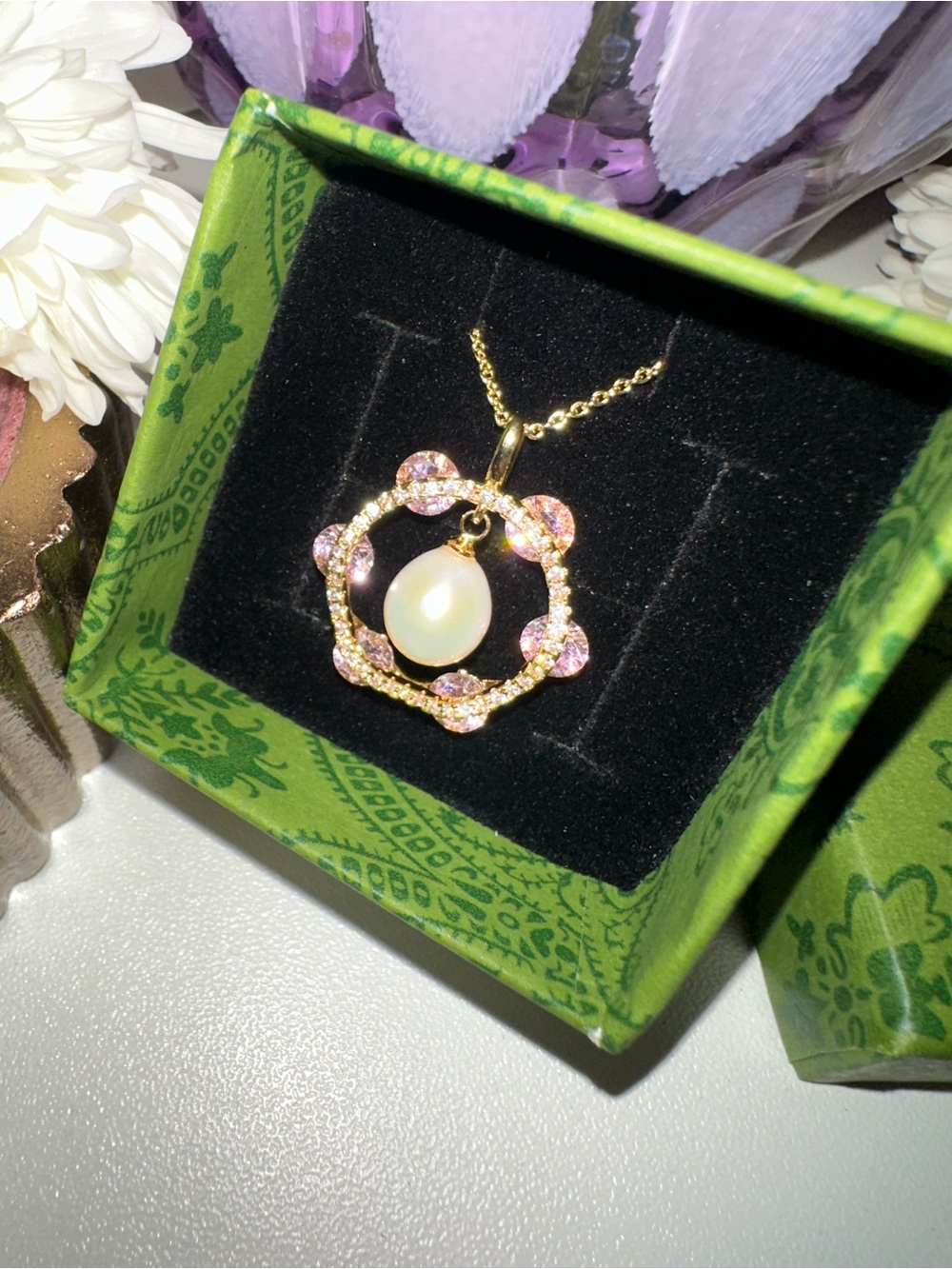 Gold Pearl & Pink Crystal Pendant Gold Necklace